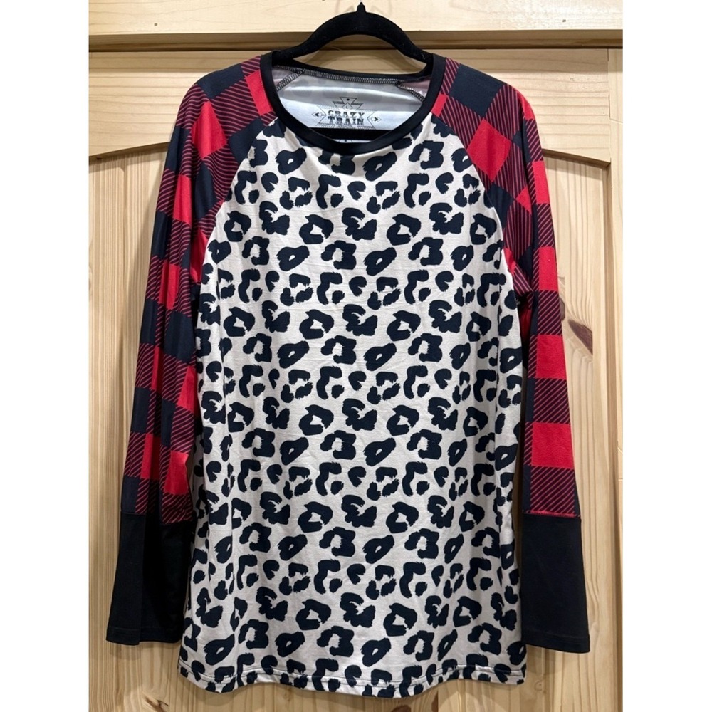 Crazy Train Black & White Leopard Print Top with Red Buffalo Plaid Sleeves